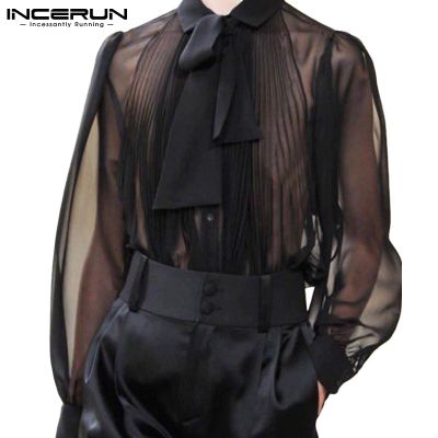 Incerun แฟชั่นเสื้อเชิ้ตแขนยาวซีทรูตาข่ายสีดําสําหรับผู้ชาย