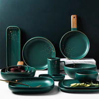 Nordic Ceramic Green Plate Combi-Set Household Porcelain Tableware Set of Bowls Luxury Dinner Plates for Restaurant Ho