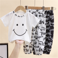 New Children Fashion Ice-silk Short Sleeves Clothing Suits Korean Style Boys And Girls Smile Pattern Tops + Letter Printed Pants Summer Casual Clothes Sets Kids Cartoon Two-Piece For 1-8 Years