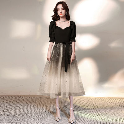 Black Evening Dress Dress Female Summer Gradient Starry Sky Temperament Red Song Stage Host Choir Conductor Costume