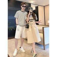 【YF】 Family Clothes Korean Fashion Summer Couples Outfit Mom Daughter T-shirt Suspender Dress Dad Son Striped Tee Shirt Shorts Sets