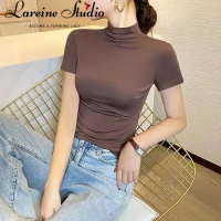 (M-5XL) LAREINE เสื้อยืดผู้หญิงแขนสั้นคอสูงครึ่งเสื้อกล้ามรัดรูป