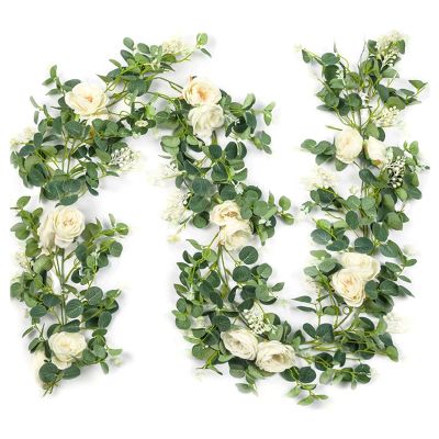 2 Pack Eucalyptus Garland with Champagne Rose, Greenery Garland Bulk Artificial Silk Floral Eucalyptus Leaves Vines