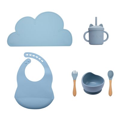 Baby Tableware Set Fashionable Bibs For Children Cloud Placemat Training Dishes Plates Silicone Fork Spoon Drinking Straw Cup