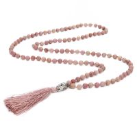 ZZOOI 108 Mala Rhodolite Beaded Hand-Knotted Buddha Head Pendant Long Tassel Meditation Blessing Yoga Amulet Lucky Jewelry Necklace