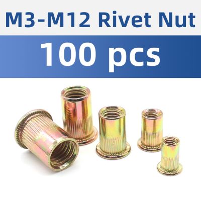 100PCS M3 M4 M5 M6 M8 M10 M12 Rivet Nut Flat Head Knurled Body Zinc Plated Carbon Steel Rivnut Insert Nutserts Threaded Nut