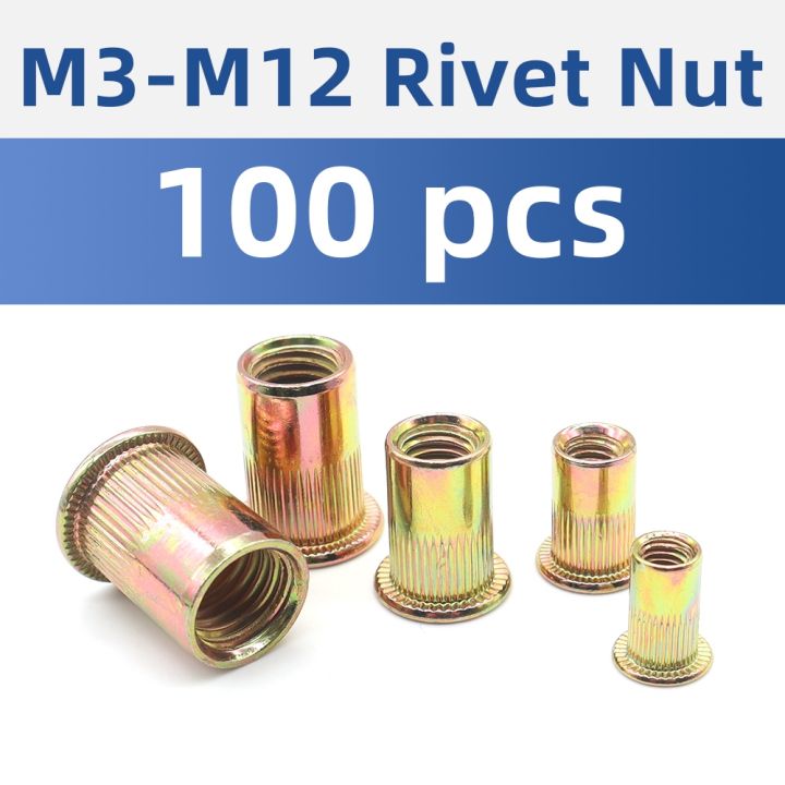 100pcs-m3-m4-m5-m6-m8-m10-m12-rivet-nut-flat-head-knurled-body-zinc-plated-carbon-steel-rivnut-insert-nutserts-threaded-nut