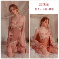 2023 Hot Sexy V-Neck Satin Seduction Braces Nightdress With Chest Pad Simple Outerwear Gown Ladies Home Leisure Suit 2419