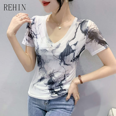REHIN Women S Top Summer New V-Neck Short-Sleeved T-Shirt Slim Type Creative Printing Elegant Blouse