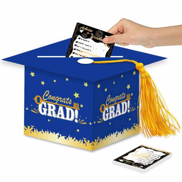 Graduation Card Box Grad Cap Card Holder Box with Gold Tassel and 24PCS