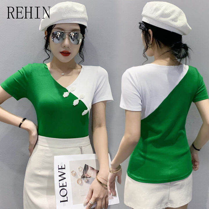 rehin-เสื้อผู้หญิงมาใหม่เสื้อยืดแขนสั้นประดับพลอยเทียมหลากสีตัดกันงานเย็บปะแฟชั่นกระดุมแบบย้อนยุค