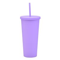 2023 Double-Layer Plastic Straw Cup 22OZ Large-Capacity Outdoor Frosted Water Cup Milk Tea Juice Coffee  Leak-Proof Solid Color