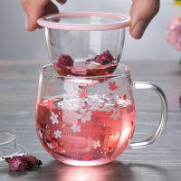 300มิลลิลิตรซากุระแก้วแก้วแก้วที่มีตัวกรองชา Infuser และฝาเชอร์รี่ชุดถ้วยดอกดอกไม้ถ้วยน้ำชาใสทนความร้อนแว่นตา