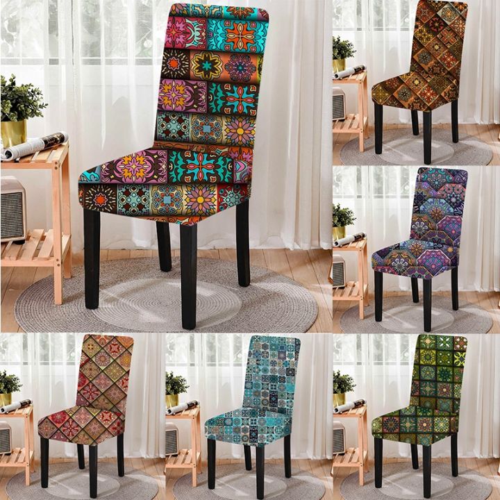 bohemia-style-plaid-mandala-print-spandex-seat-cover-stretch-anti-dirty-one-piece-dining-chair-cover-for-wedding-restaurant