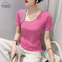 ➧YIMEI เสื้อสีชมพูหวานสำหรับผู้หญิงเสื้อยืดอุตสาหกรรมหนักแฟชั่นแบบประกบเข้าสไตล์ใหม่สำหรับฤดูร้อนเสื้อยืดผู้หญิงผ้าคอตตอนคอวีแขนสั้นสไตล์ต่างประเทศเสื้อยืดผู้หญิง