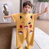 การ์ตูนโปเกมอนอะนิเมะ Pikachu ผ้าฝ้าย Onesies ชุดนอนแขนสั้น Loungewear เด็ก Nightgown Homewear Kawaii เสื้อผ้าเด็ก