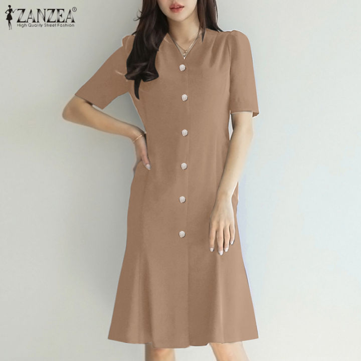 MOMOANCO ZANZEA Korean Style Women's Dresses Commute V-Neck Solid ...