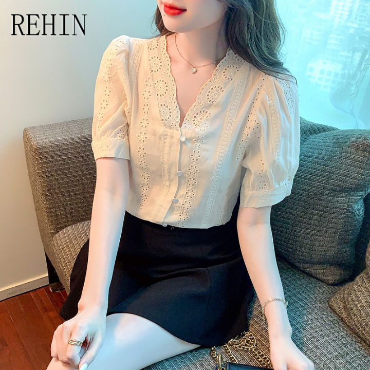 rehin-เสื้อคอวีแขนสั้นผู้หญิง-เสื้อคอวีแขนพองแบบฝรั่งเศสแขนสั้นสไตล์เกาหลีแบบใหม่ฤดูร้อน