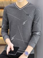 Gray V-neck long-sleeved bottoming shirt T-shirt for men in spring and autumn thin sweatshirt mens autumn clothing trendy slim fit