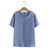 【มีไซส์ใหญ่】Plus Size Womens Full Cotton Yellow Blue T-shirts Short Sleeve Floral Embroidery Summer Tops Ladies Vintage Female Top