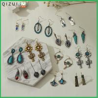 QIZUI เครื่องประดับ ย้อนยุคสุดฮอต Boho Ethnic ต่างหูตะขอเทอร์ควอยซ์ ต่างหูห้อย ห้อยดอกไม้ พลอยเทียม