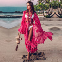 2022 Bikini Cover-ups Bohemian Dot Printed Flare Sleeve Ruffed Summer Beach Dress Chiffon Tunic Women Swimsuit Cover Up Q914