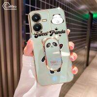 กล้องเจาะรูที่มีความแม่นยำครอบคลุมทุกสายเคสโทรศัพท์สำหรับ Vivo Y22 Y22S เคสโทรศัพท์ป้องกันโทรศัพท์ตกชุบโลหะด้วยไฟฟ้าหรูหราพร้อมตัวยึดหมีแพนด้า Bing Dwen