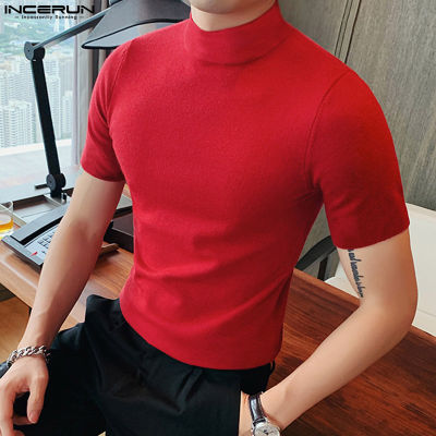 INCERUN เสื้อยืดแฟชั่นแขนสั้นคอสูงสำหรับผู้ชายเสื้อเบลาส์ (สไตล์เกาหลี)
