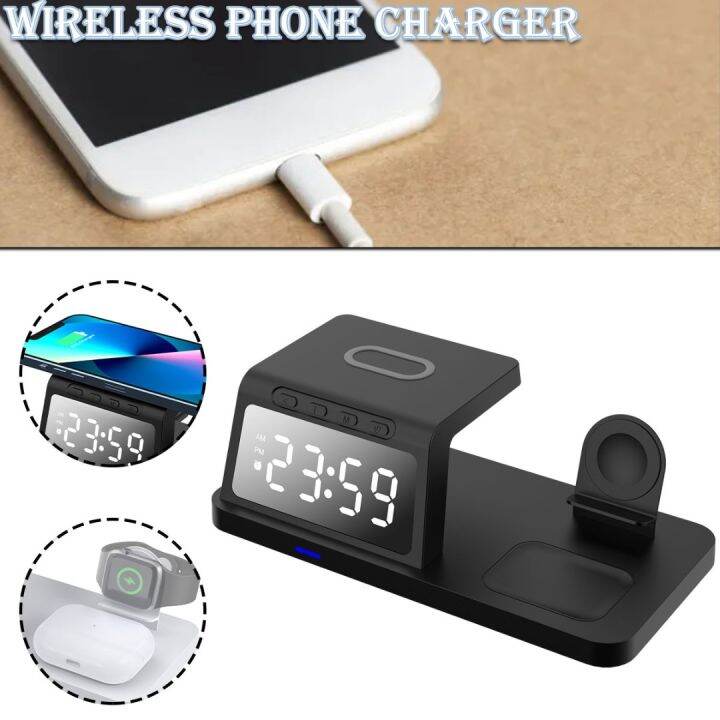 ♈☋ Wireless Charger Fast Charging With Alarm Clock For Iphone Apple Watch Airpod Stylish Design