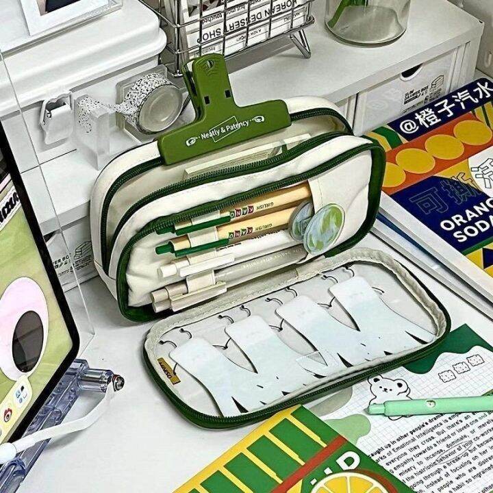 Large Capacity Pencil Case Doublelayer Zipper Stationery Box Ins Cute Grass Canvas Storage Bag