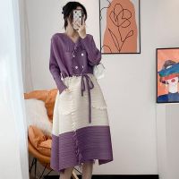 2023 Hot Miyake pleated  autumn design niche tassel dress womens fashionable large size waist color matching mid-length skirt