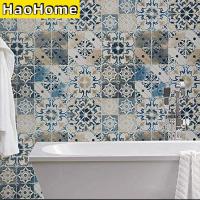 [hot]HaoHome Blue Tile Wallpaper Peel and Stick Wallpaper Vintage Contact Paper Waterproof Embossed Self Adhesive Removable Wallpaper