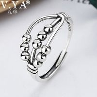 ☃✔ V.YA 925 Sterling Silver Vintage Rotating Ring Decompression Three Layers Cross Relief Anxiety Rotating Ring Adjustable Jewelry