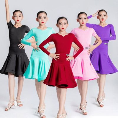 ◎✖☄ Childrens Latin Dance Costume for Professional Competition; Girls Large Swing Dress; New Childrens Latin Training Performance