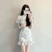 COCONI Ruffled Floral Dress Women New China Style Retro Gentle Slim Cheongsam