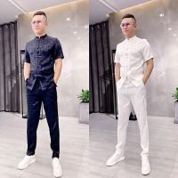 【hot seller】 2022 summer new mens Chinese style suit fashion breathable ice silk Tang short-sleeved trousers casual two-piece