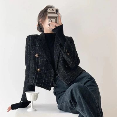 ‘；’ MEXZT Vintage Black Blazers Women Elegant Short Jacket Korean Autumn Winter Tweed Cropped Suit Coat Tops Retro Casual Outerwear