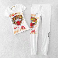 ผู้หญิง Ed Hardy Diamond พิมพ์ Rhinestone Tiger Head Slim Tracksuits เสื้อยืดแขนสั้น + กางเกงยาว2ชิ้นชุด Suits