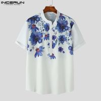 Men Shirt Flower Printing Stand Collar Short Sleeve Summer Vacation Men Clothing Streetwear 2023 Casual Camisas S-5XL INCERUN