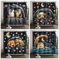 Cute Sleeping Pet Shower Curtain Moon Star Cat Dog Penguin Bathroom Curtain for Home Hotel Machine Washable Curtain with 12 Hook