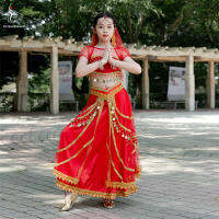 Sari Bollywood Dance Costume Set สาวอินเดียเด็กเต้นรําเสื้อผ้าระบําหน้าท้องเด็กฮาโลวีนกางเกงด้านบนผ้าโพกศีรษะ 3pcs