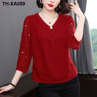 ✼◇۞ Three-quarter sleeve chiffon top womens spring and autumn outerwear middle-aged summer loose belly western style new