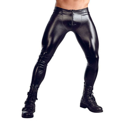 Sexy Men Skinny Faux PU Leather Pants Wetlook Black Trousers Stage Performance Zipper Front Leather Pants Sexy Vinyl Leggings
