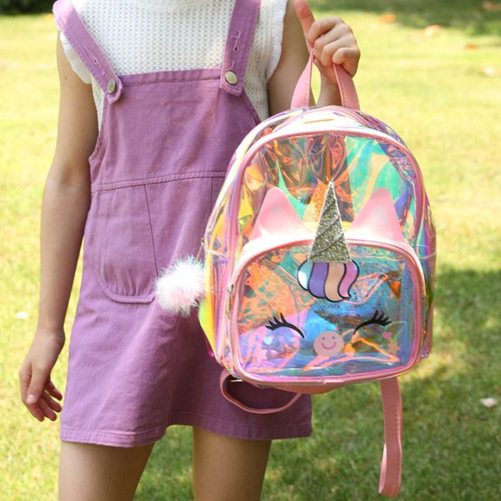 กระเป๋าเป้สะพายหลังสำหรับเด็กลายยูนิคอร์นกระเป๋าเป้แบบใส-tpu-ลายเลเซอร์สีสันสดใสกระเป๋านักเรียนลายการ์ตูนยูนิคอร์น