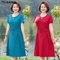 Mothers summer wear medium-length waist solid color breathable casual dress middle-aged women conceal flesh and reduce age loose