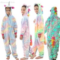 Glow In Dark Kigurumi Anime Winter Jumpsuit Kids Pajamas for Children Girls Sleepwear Baby Boys Onesie Hooded Unicorn Overalls