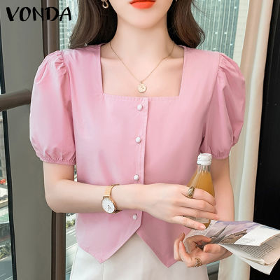 (จัดส่งฟรี)Fancystyle VONDA เสื้อผู้หญิงแขนพองคอเหลี่ยมสวยสง่าอเนกประสงค์,เสื้อเบลาส์อัดกลีบมีกระดุม