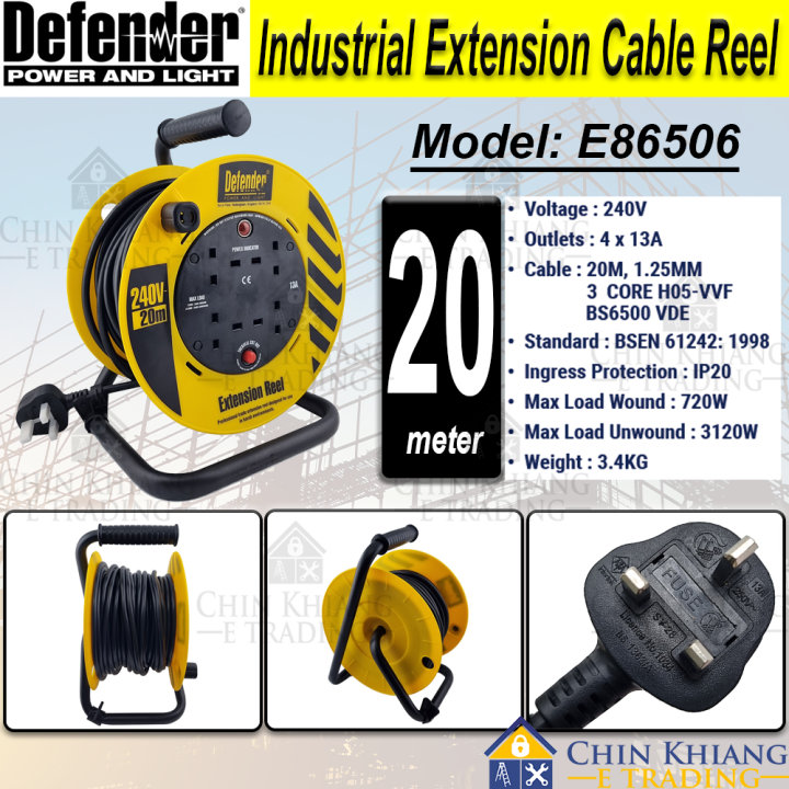 Defender 20M 4Way Industrial Extension Wire Cable Reel 240V 13A E86506