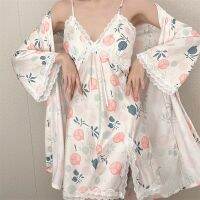 【LZ】✥►  Mulheres estampadas flor renda guarnição quimono roupão camisola conjunto camisola solta vestido para casa verão seda cetim sleepwear