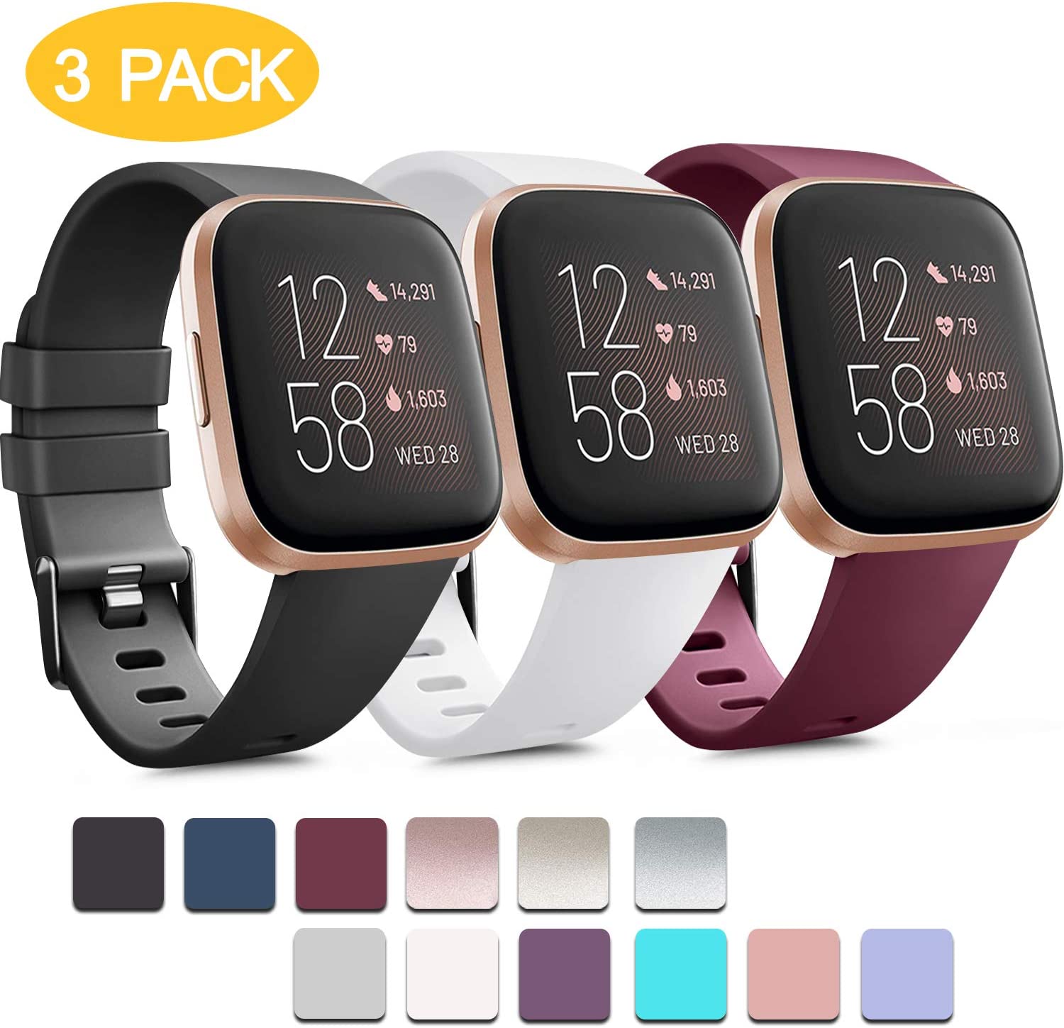 Pack 3 Soft Silicone Bands for Fitbit Versa 2 Large, Black+White+Wine Red Fitbit Versa/Fitbit Versa Lite Classic Adjustable Sport Bands for Women Men Small Large Without Tracker 